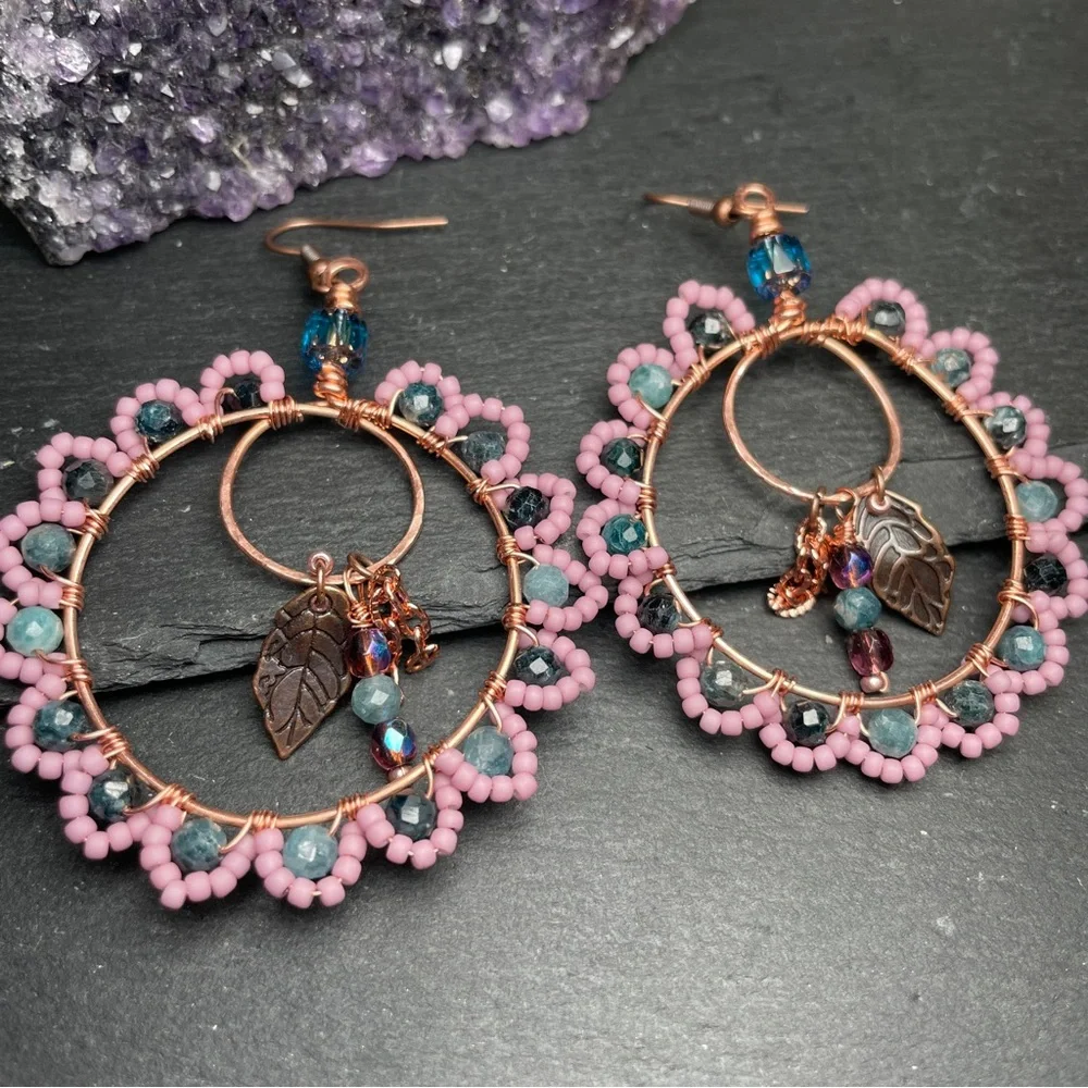 Midnight Garden Tourmaline Hoops Copper Artisan Earrings